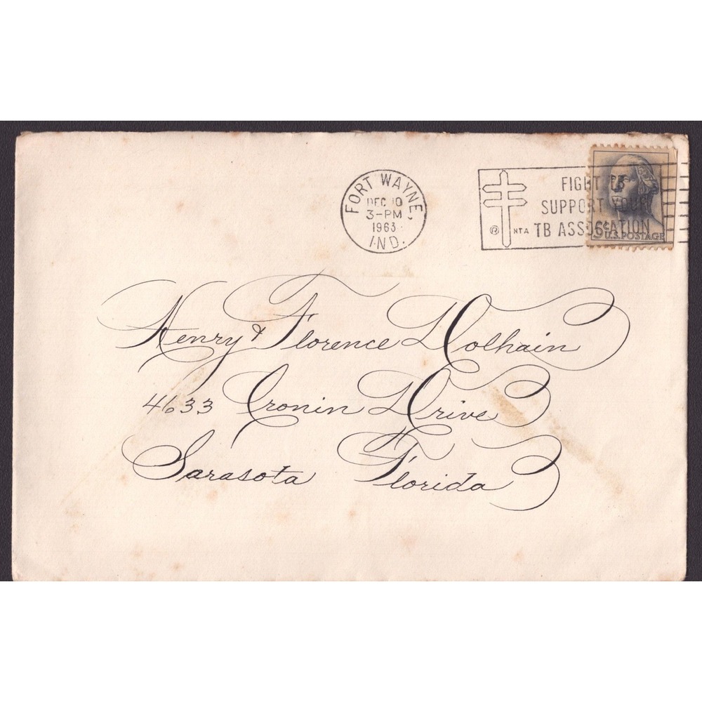 Vtg 1963 Calligraphy Envelope Fort Wayne Indiana Postmark 5c Washington Stamp